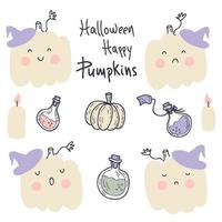 Pumpkins in witch hats Halloween doodle collection. Perfect for poster, textile and prints. Hand drawn vector illustration for decor and design.