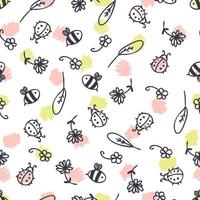 Seamless pattern with bees, ladybugs and flowers on spotted background. vector