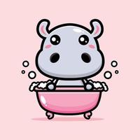 lindo hipopótamo bañándose en una tina rosa vector