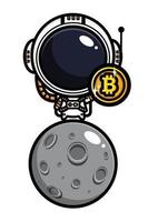 Diseño vectorial de astronautas sosteniendo bitcoin en la luna. vector