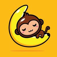 cute monkey sleeping on banana shaped moon vector