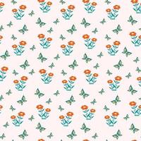 Flowers and butterflies seamless pattern. Vector print in flat style