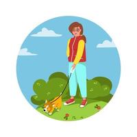 mujer camina con un perro. dueño de una mascota. ilustración vectorial en estilo de dibujos animados plana vector