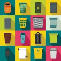 Trash can icons set, flat style vector