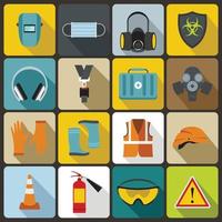 Safety icons set, flat style vector