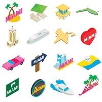 Miami icons set, isometric 3d style vector