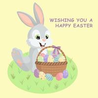 Lovely bunny sitting on the grass with a basket with decorated eggs. Happy Easter greeting card, banner, ad vector