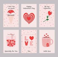 conjunto de tarjetas de San Valentín. ilustración vectorial. helado, tarro de corazones, flor, taza de café, amor, corazones vector