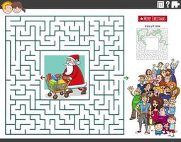 maze game with cartoon Santa Claus and people crowd vector