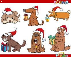 perros de dibujos animados con regalos en el tiempo de navidad vector