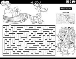 maze with Santa Claus on sleigh and people coloring book page vector