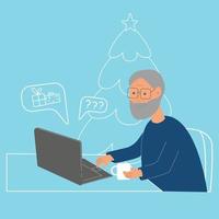 Grandfather with laptop makes online shopping for winter holidays. Senior people and technologies concept. Vector illustration.