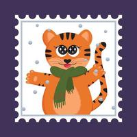 Cute little Chinese tiger in a scarf catches snowflakes. Design for a greeting festive Christmas card. Vector illustration.