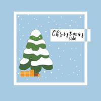 Christmas sale poster. Christmas holiday background with christmas tree, snowflakes and gift boxes. Vector illustration.