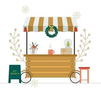 Illustration of festival sale stall with hot drinks and souvenirs. Vector illustration.