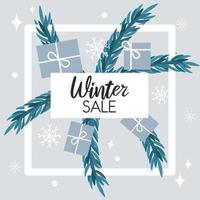 Winter big sale poster. Christmas holiday background with fir tree branches, snowflakes and gift boxes. Vector illustration.