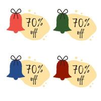 Set of red Christmas sale banners stickers with discount and bells. Vector illustration.
