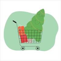 Shopping cart with gift boxes and Christmas tree on green background. Vector illustration.