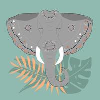 Cara de elefante tribal con patrón sobre fondo de hojas. ilustración vectorial. vector