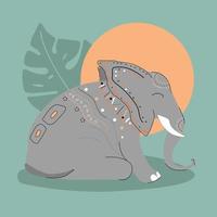 Cute young elephant on the background of the sun and leaves with  pattern. Vector illustration.