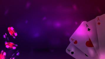 Diseño de banner de neón de publicidad de casino con naipes y fichas de casino sobre fondo morado. vector