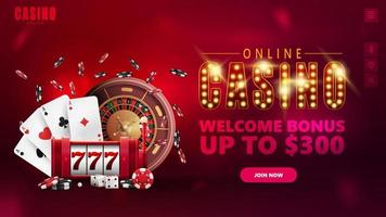 casino en línea, banner para sitio web con elementos de interfaz, símbolo con bombillas doradas, máquina tragamonedas, ruleta de casino, fichas de póquer y naipes. vector