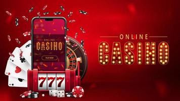 Online casino, red banner with smartphone, red slot machine, Casino Roulette, poker chips and playing cards. vector