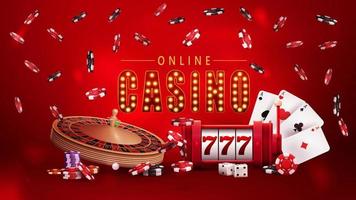 casino en línea, cartel rojo con símbolo con bombillas doradas, tragamonedas, ruleta de casino, fichas de póquer y naipes. vector