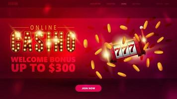 Online casino, banner for website with button and red slot machine with golden coins around vector