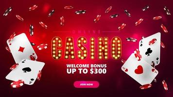 casino en línea, banner para sitio web con botón, fichas de póquer y naipes vector