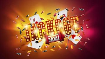 Shining sign Jackpot with slot machine, cards and falling golden coins and chips on a bright background. vector