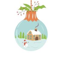 una bola de navidad con un muñeco de nieve y una casa. feliz año nuevo y navidad. vector