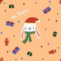 Seamless New Years Pattern With A Bunny To A Red Hat And Gift Boxes. Happy New Year And Christmas. vector