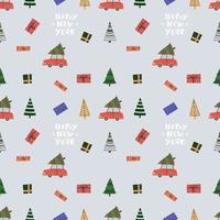 New Year Seamless Pattern With Christmas Trees, Gift Boxes And A Car. vector