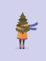 A Woman In A Coat Holds A Christmas Tree In Her Hands. New Year Or Christmas Design. vector