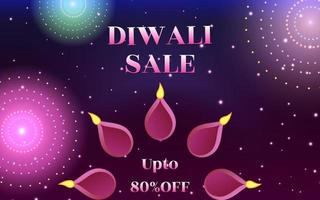 Ilustración de banner de ventas de diwali creativo banner de venta de diwali con diya y fuegos artificiales en el fondo, banner de ventas de feliz diwali sobre fondo degradado simple. vector