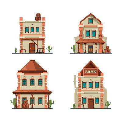 Western buildings wildlife west construction saloon country market banks american old houses flat style pictures illustration western saloon architecture west american