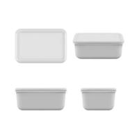 Plastic food container mock up empty boxes caring products kitchen storage shelves lunch utensil vector realistic set container plastic mockup food illustration