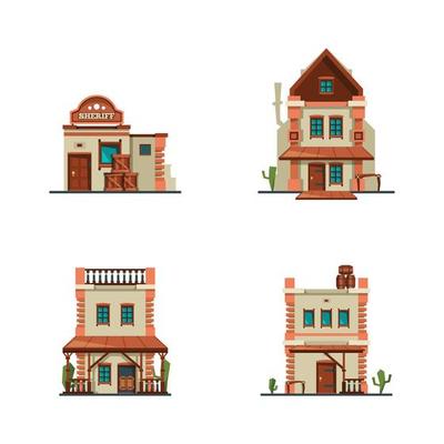 Western buildings wildlife west construction saloon country market banks american old houses flat style pictures illustration western saloon architecture west american