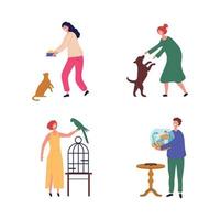 People pets perform man woman walking with dogs puppies cats domestic animals fishes birds stylized characters dog pets fish cat with owner illustration vector