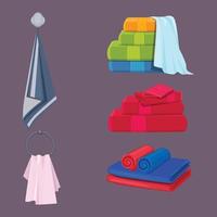 textiles algodones mantas de tela trapos de cocina higiene del baño coloridos elementos de dibujos animados colección suavidad toalla colgador higiene ilustración vector