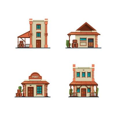 Western buildings wildlife west construction saloon country market banks american old houses flat style pictures illustration western saloon architecture west american