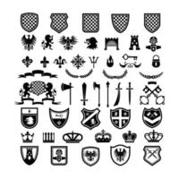 Medieval badges heraldic emblems collection with silhouettes ribbons knight weapons lions crowns swords vector set badge medieval shield heraldic royal insignia heraldry illustration