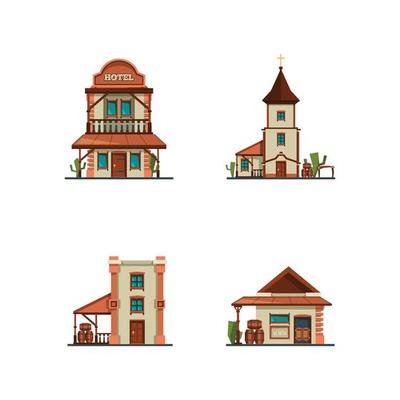 Western buildings wildlife west construction saloon country market banks american old houses flat style pictures illustration western saloon architecture west american