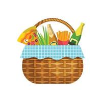 Basket with products handcraft picnic hamper with various food vegetables fruits vector baskets picnic product basket with handle traditional outdoor accessory illustration