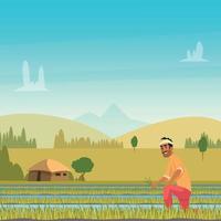 Indian agriculture working farmer harvesting field asia vector background cartoon style farm agriculture worker indian farming illustration