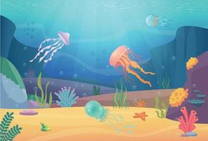 Underwater life ocean landscape with fishes jellyfish aquarium illustration