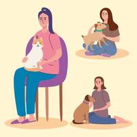 three girls and pets vector