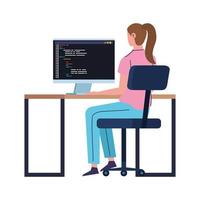 mujer programadora trabajando con computadora vector