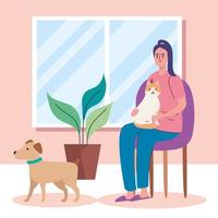 girl seated with pets vector
